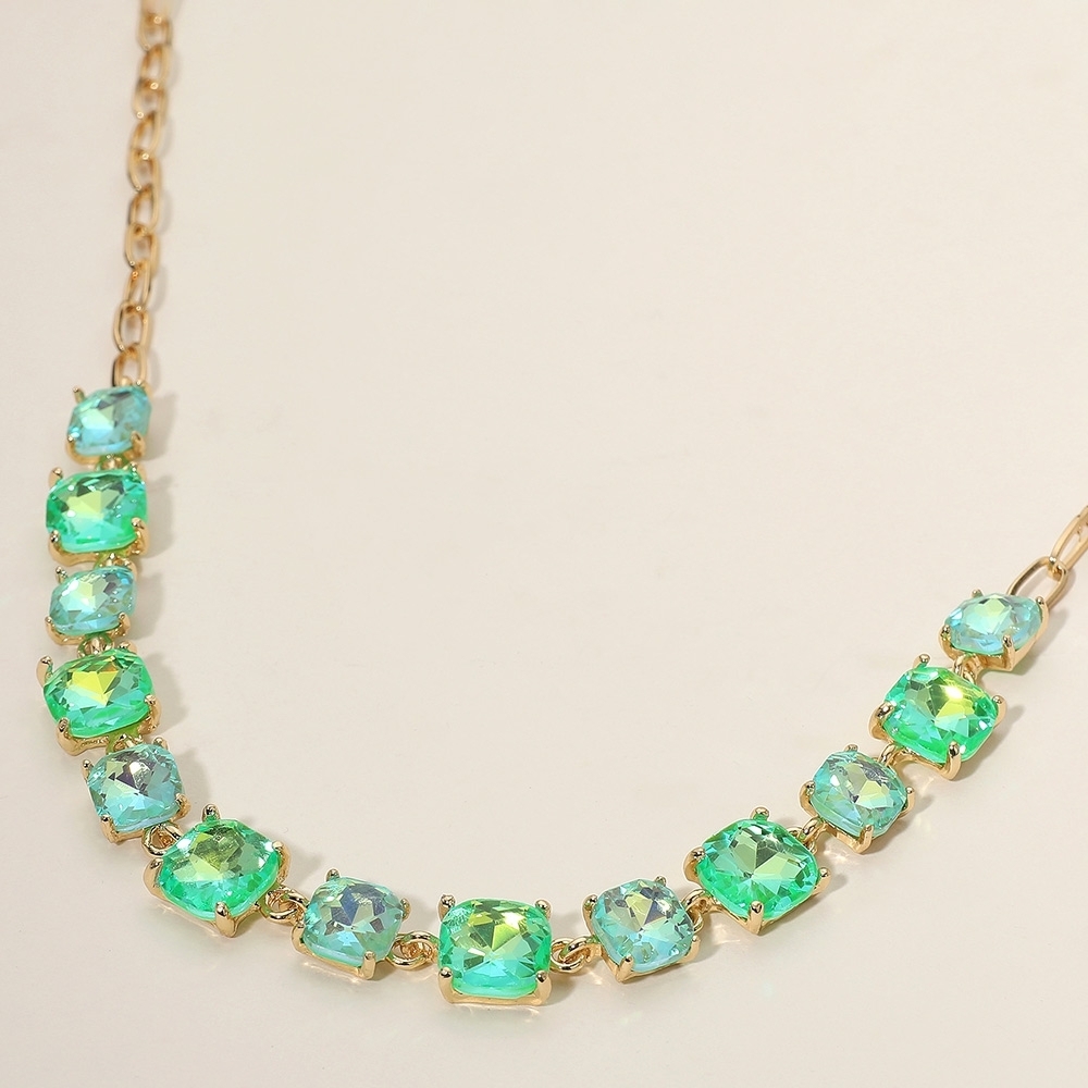 Mint Abalone Neon Square Stone Link Crystal Necklace Chain Evening